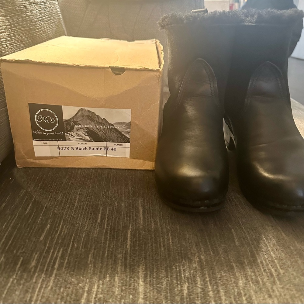 No.6 Pull on Shearling Clog Boot on mid heel in all Black leather and suede - Picture 9 of 12